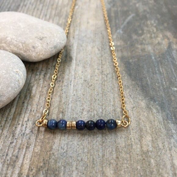 Blue Lapis Stone Bar Necklace on Gold Chain | Adjustable Length NEW - Picture 3 of 7